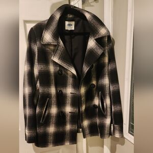Wool double-breasted warm black plaid  womens old navy medium pea coat